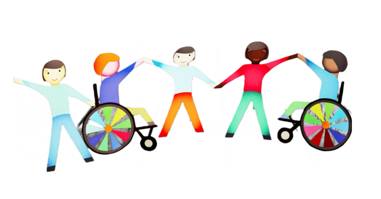 Eine Zeichnung von Menschen mit unterschiedlichen Hautfarben und bunten Kleidern. Zwei der Personen sitzen in einem Rollstuhl mit bunten Speichen