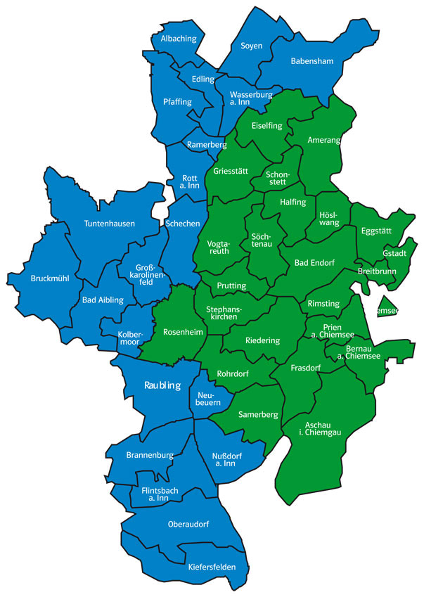 Eine Karte, auf der man die Gemeinden sieht, die zu den Stimmkreisen Rosenheim-West und Rosenheim-Ost gehören